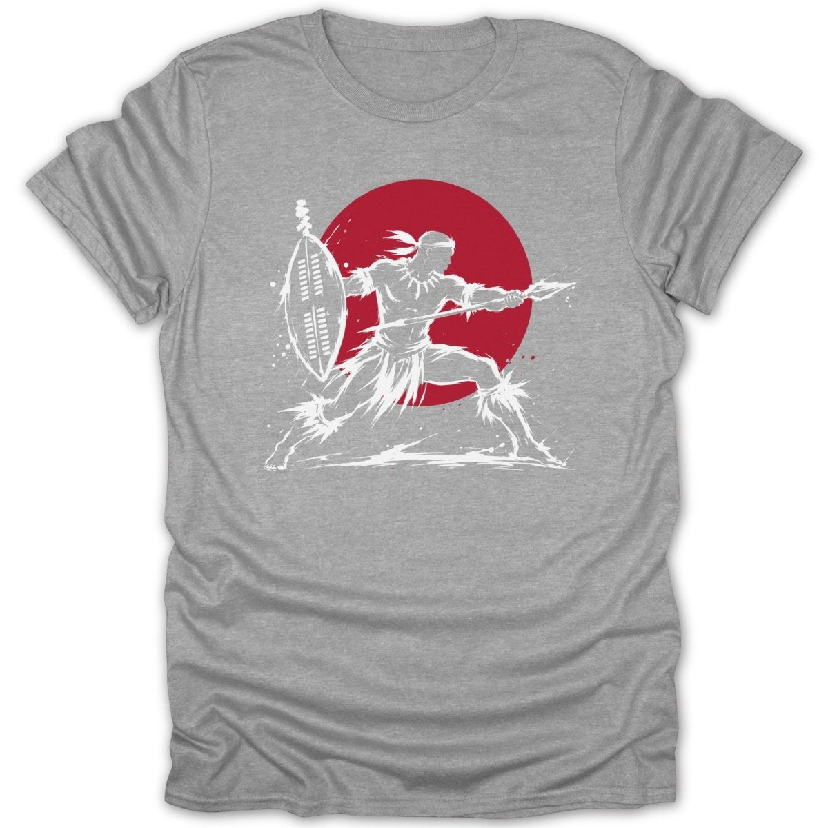 Warrior with spear and shield in front of red circle.