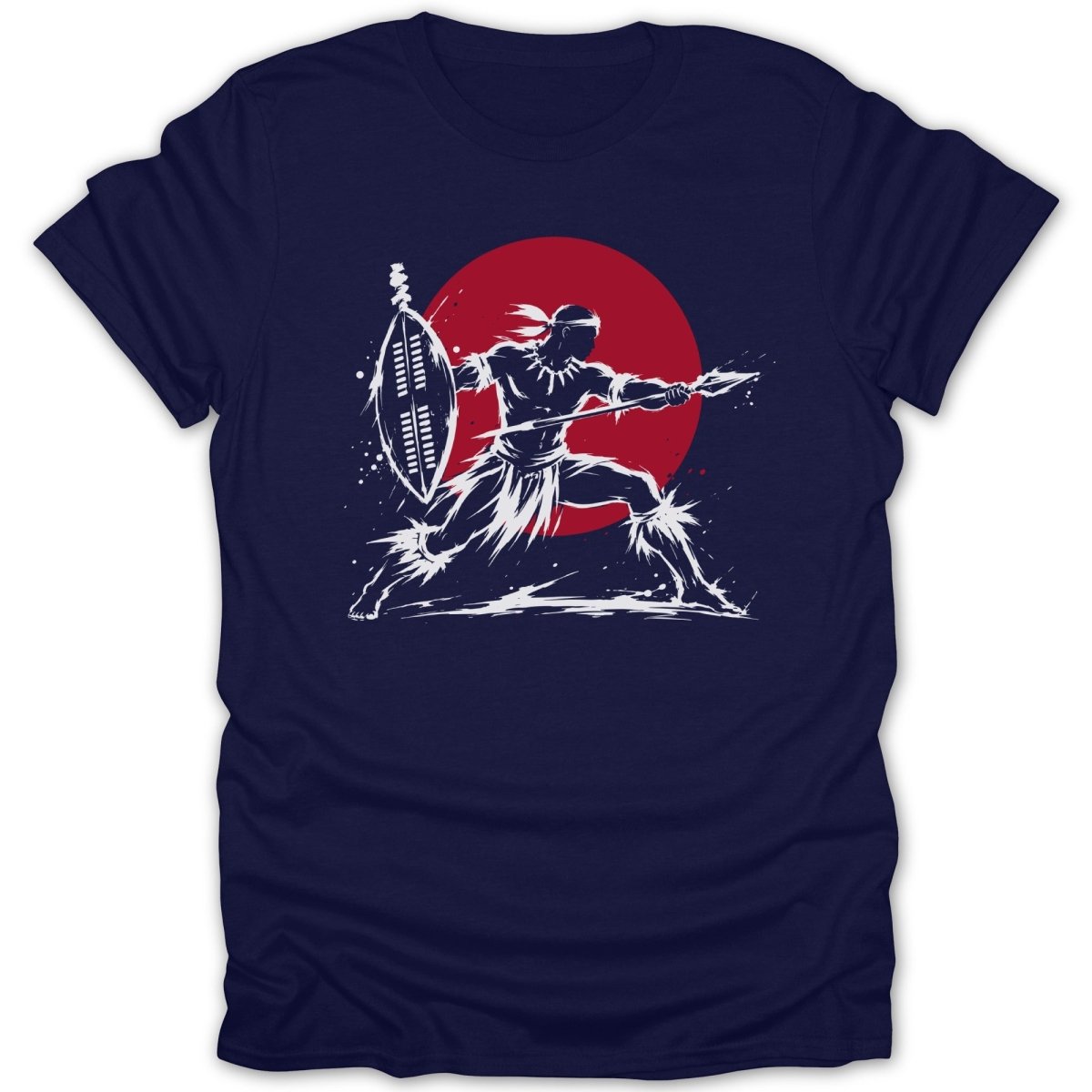 Warrior with spear and shield against red circle on navy t-shirt.