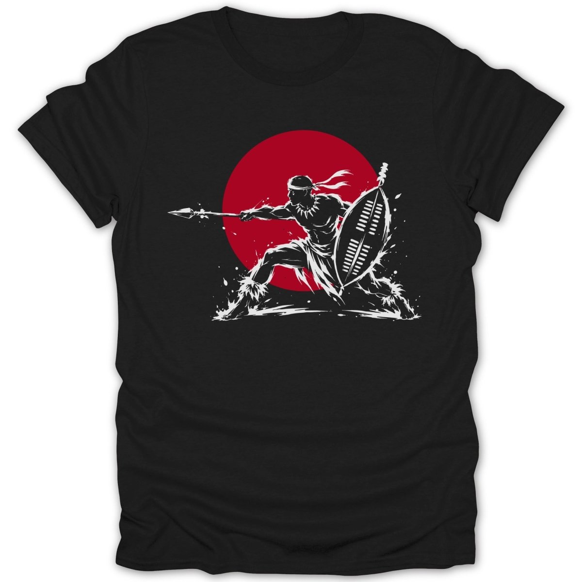 Black t-shirt with silhouette of a warrior holding a spear and shield against a red circle.
