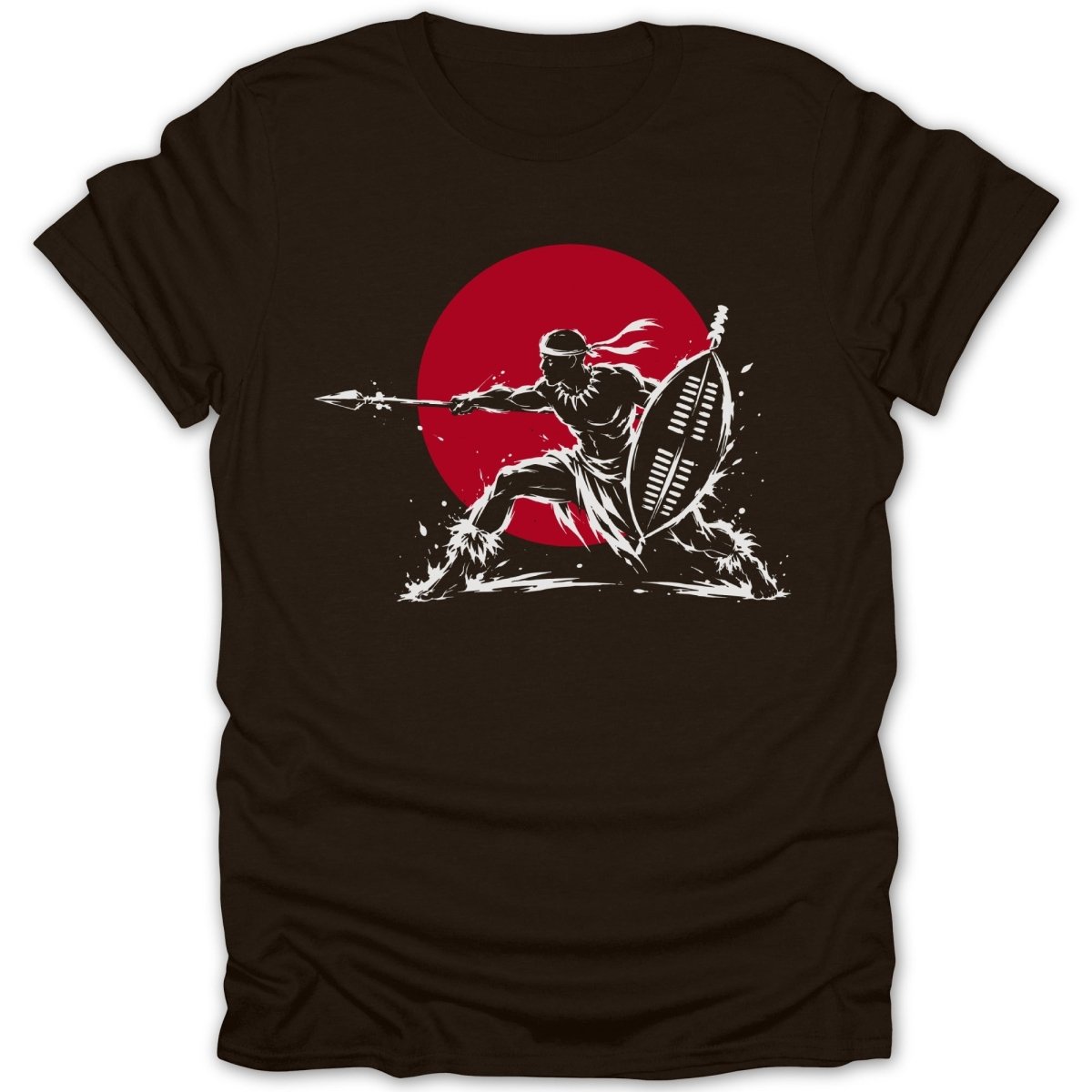Warrior with spear and shield in front of red circle.