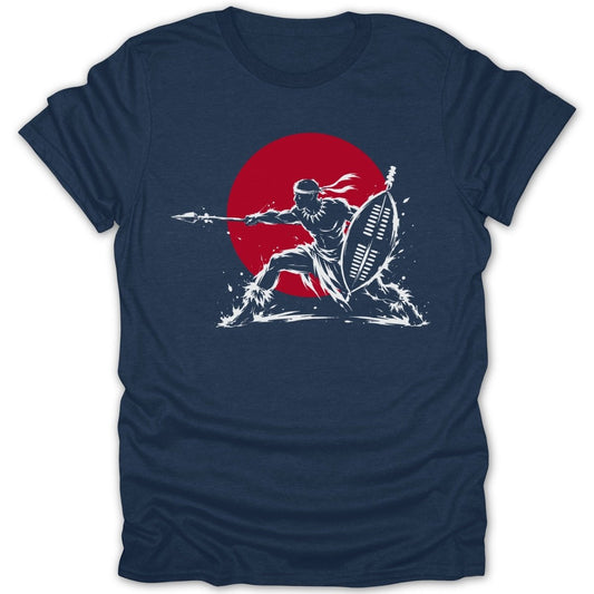 Warrior with spear and shield in front of red circle, on navy t-shirt.