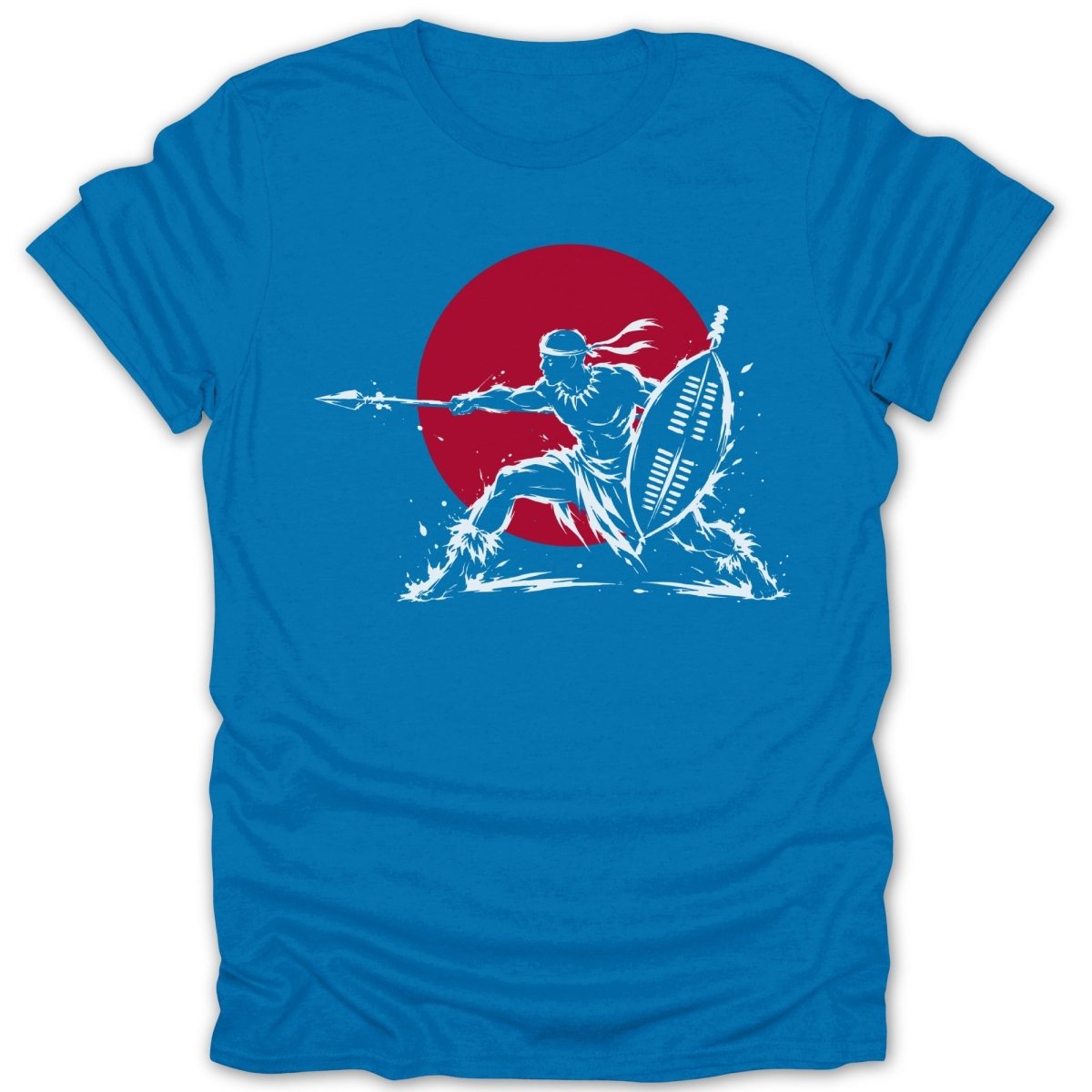 Warrior in action with spear and shield, white silhouette against red circle.