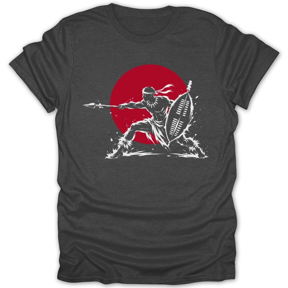 Warrior with spear and shield in front of red circle.