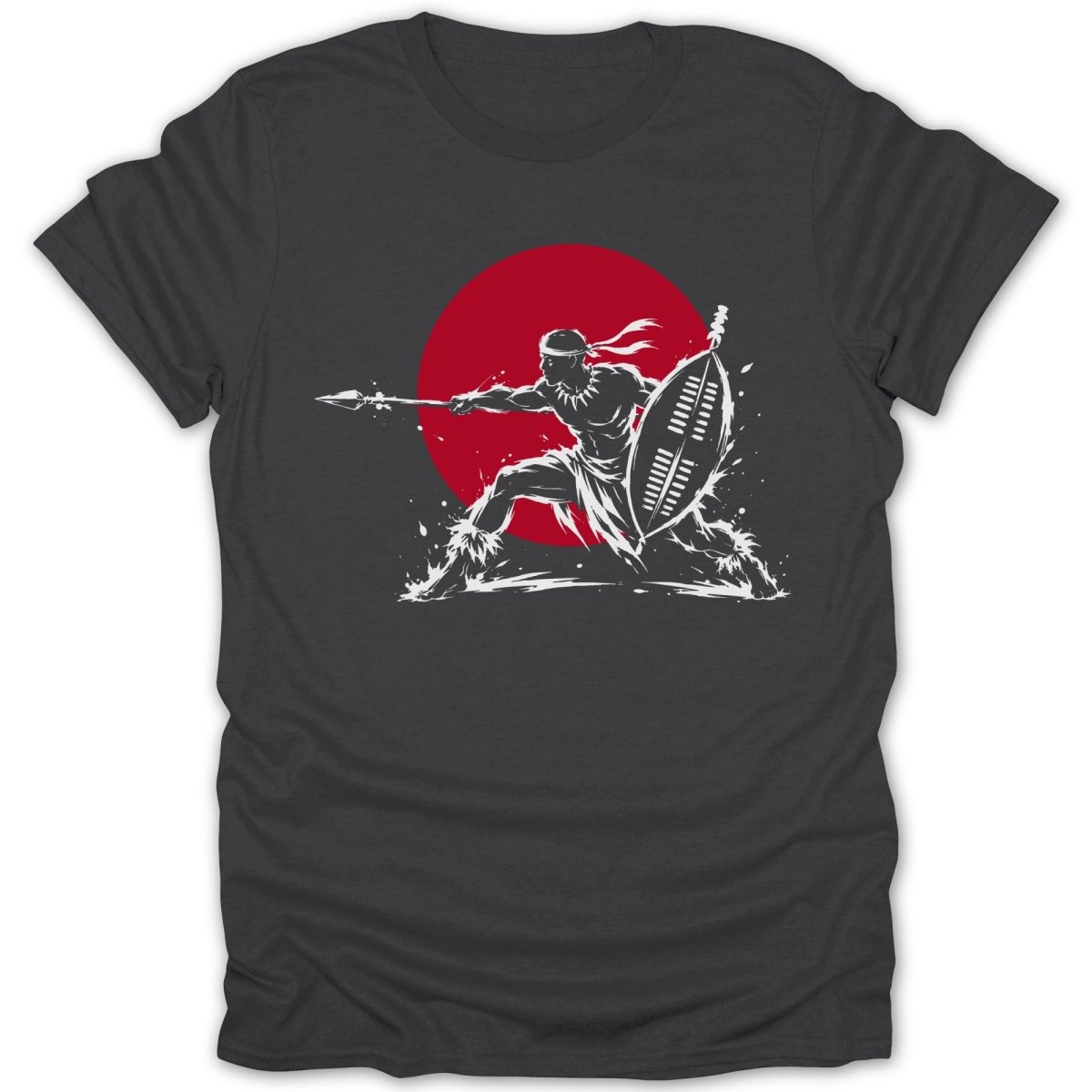 Warrior with spear and shield in front of a red circle.