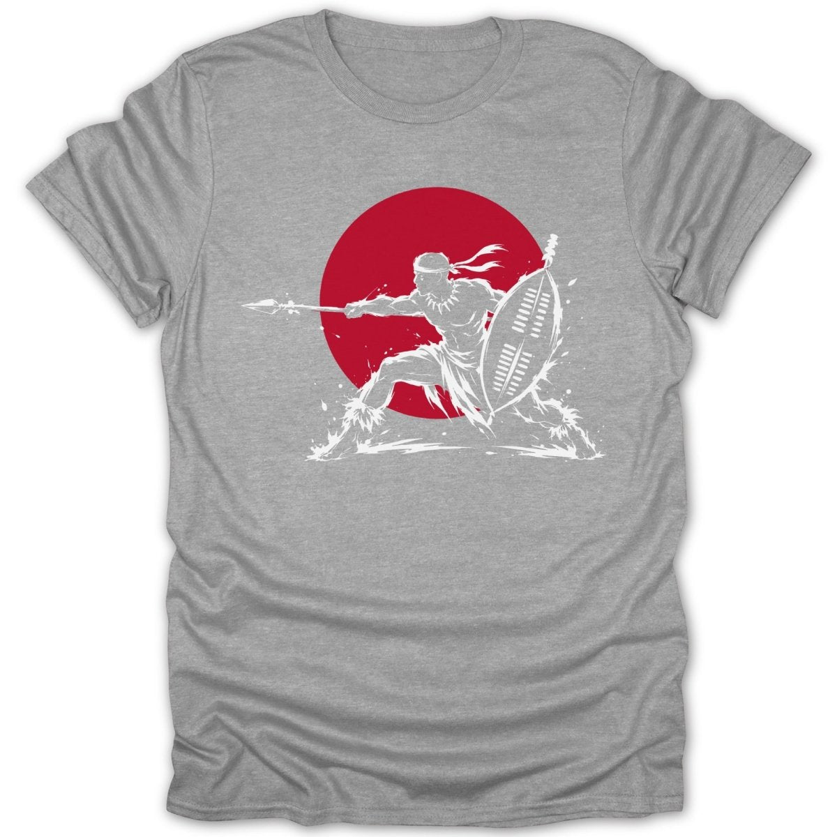Warrior with spear and shield, silhouette against red circle, white outline.