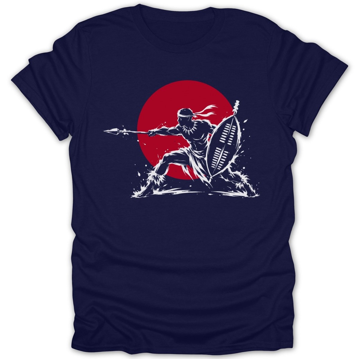 Warrior with spear and shield against red circle.