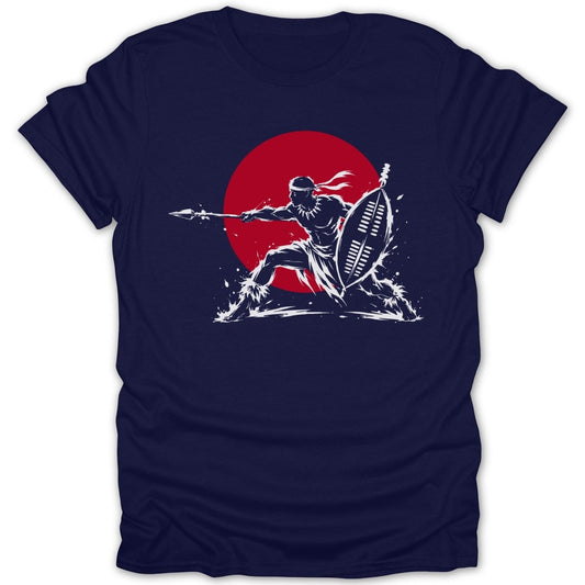 Warrior with spear and shield against red circle.