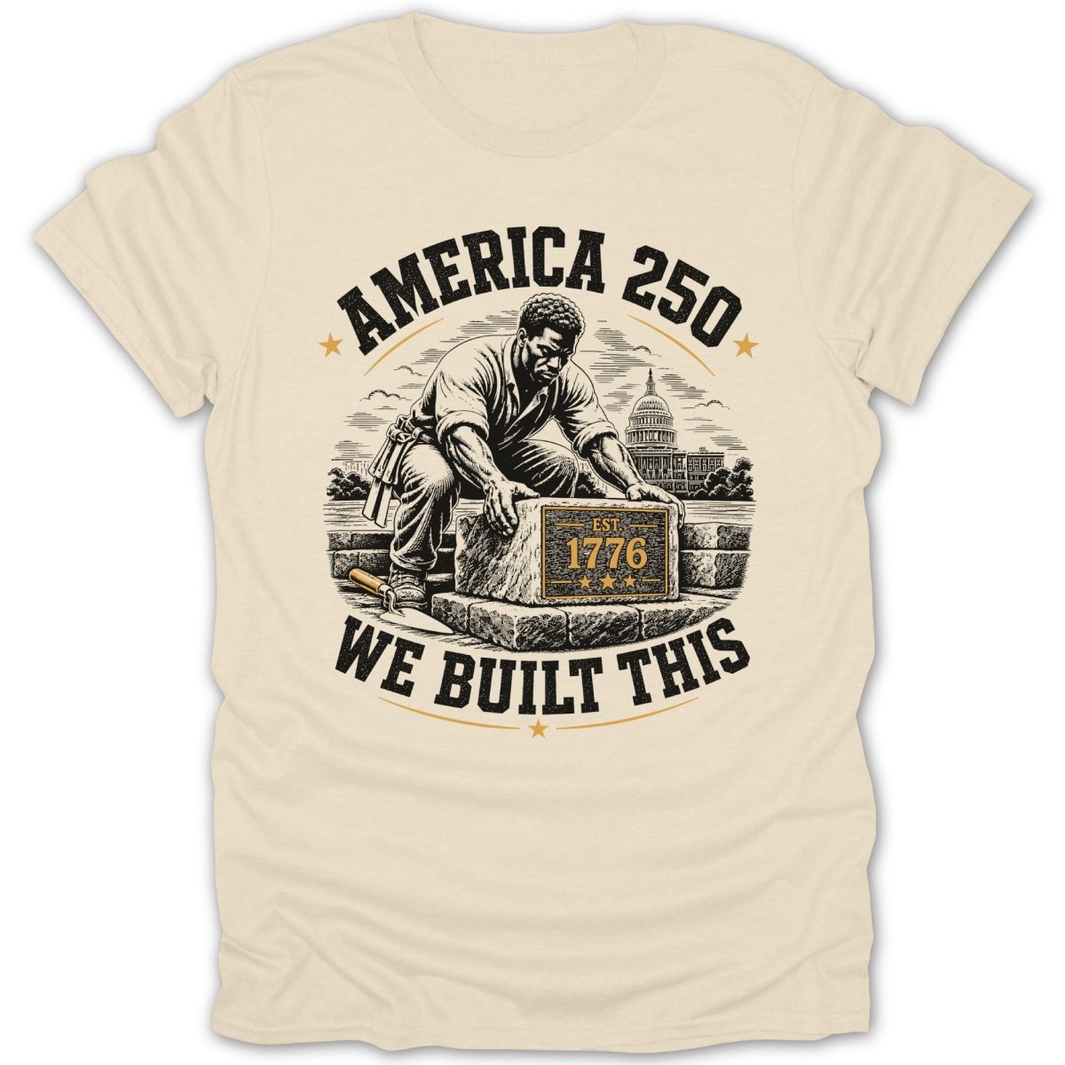 America 250: Man laying bricks with the Capitol building and "Est. 1776" in background.