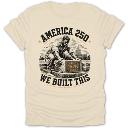 America 250: Man laying bricks with the Capitol building and "Est. 1776" in background.