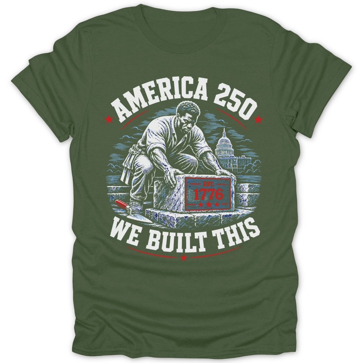 America 250, man building with 1776 stone, US Capitol in background.