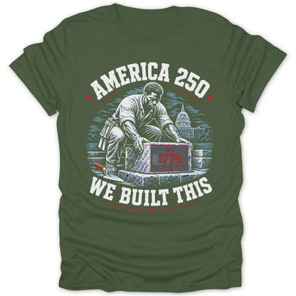 America 250, man building with 1776 stone, US Capitol in background.