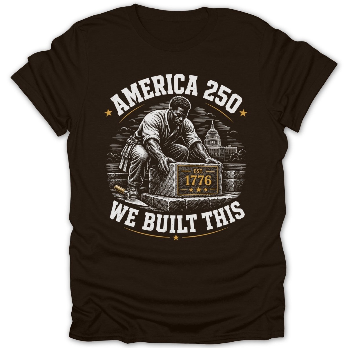 T-shirt graphic of a man building America 250, 1776, with Capitol building.