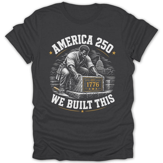 Man laying stone with "AMERICA 250 EST. 1776 WE BUILT THIS" text.