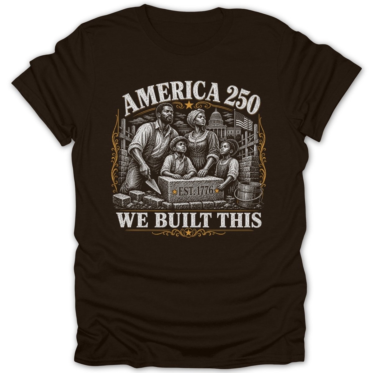 America 250: We Built This. Family building stone wall with the Capitol building.