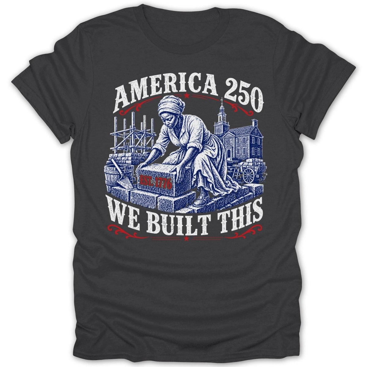 America 250 We Built This text with image of construction and woman.
