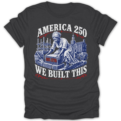 America 250 We Built This text with image of construction and woman.