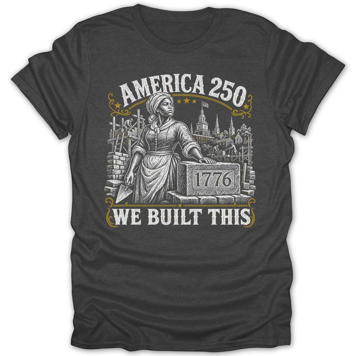 America 250 graphic with woman with 1776 block and buildings.