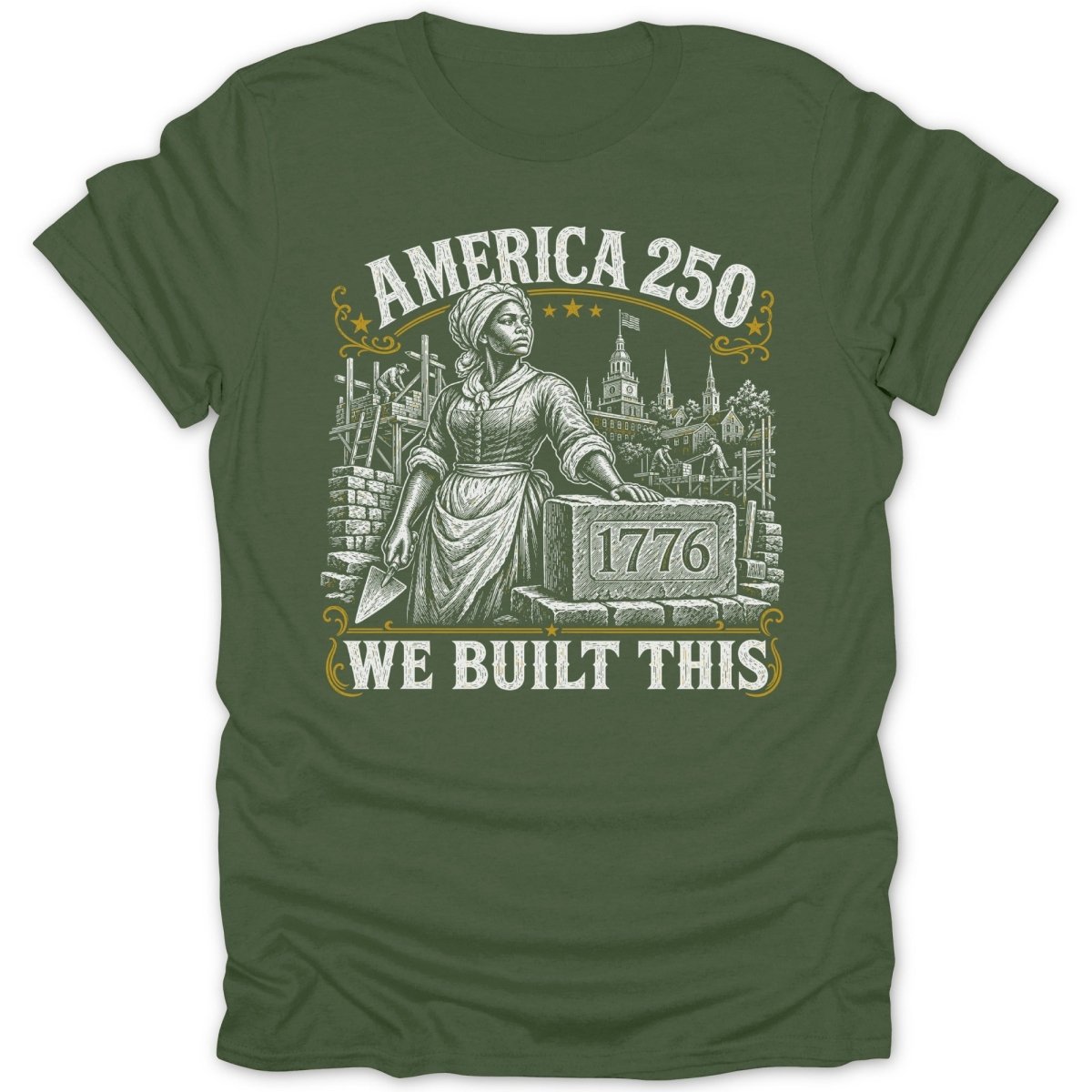 America 250 t-shirt with woman building brick wall and town in background.
