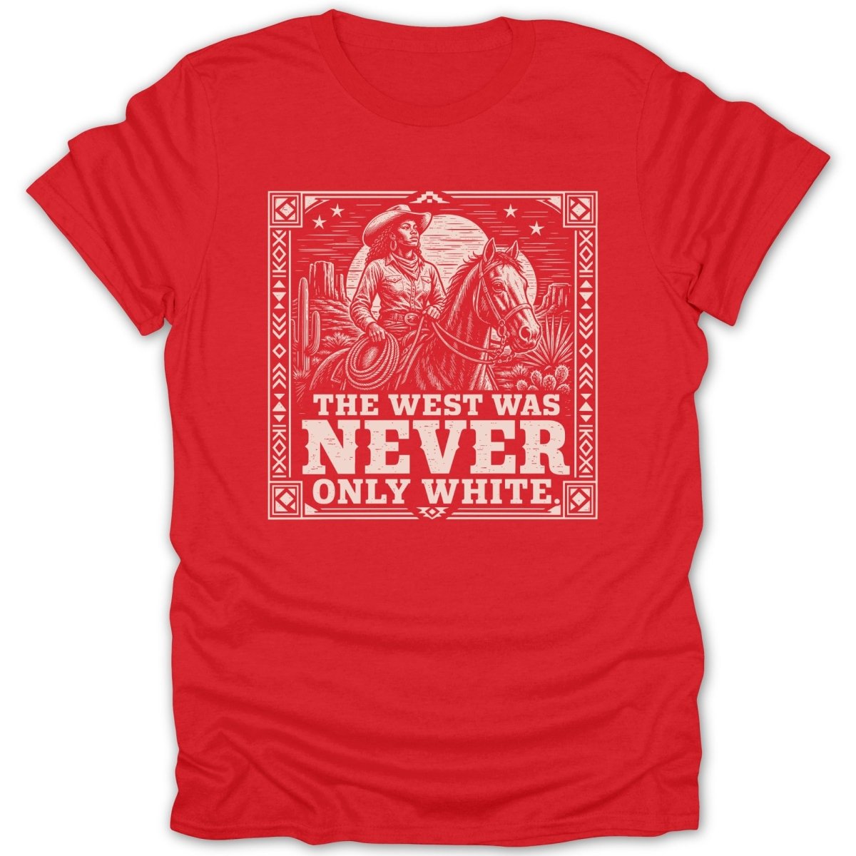 Red t-shirt with graphic of a cowgirl on horseback in a desert landscape with text.