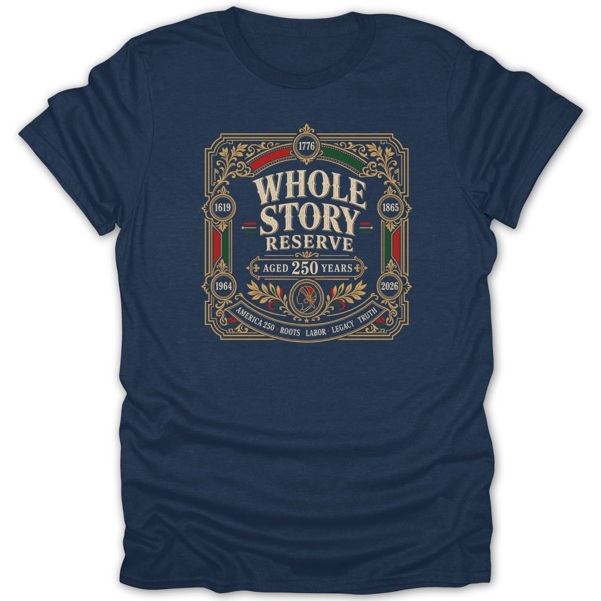 Navy t-shirt with "Whole Story Reserve Aged 250 Years" design and dates.