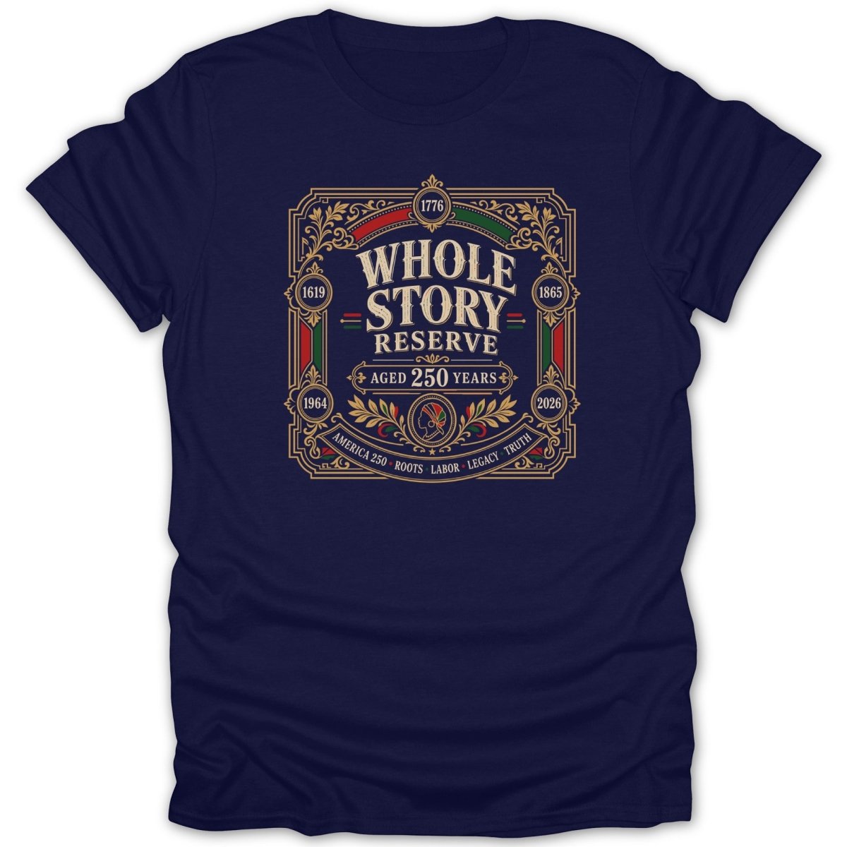 Navy t-shirt with ornate "Whole Story Reserve Aged 250 Years" design.