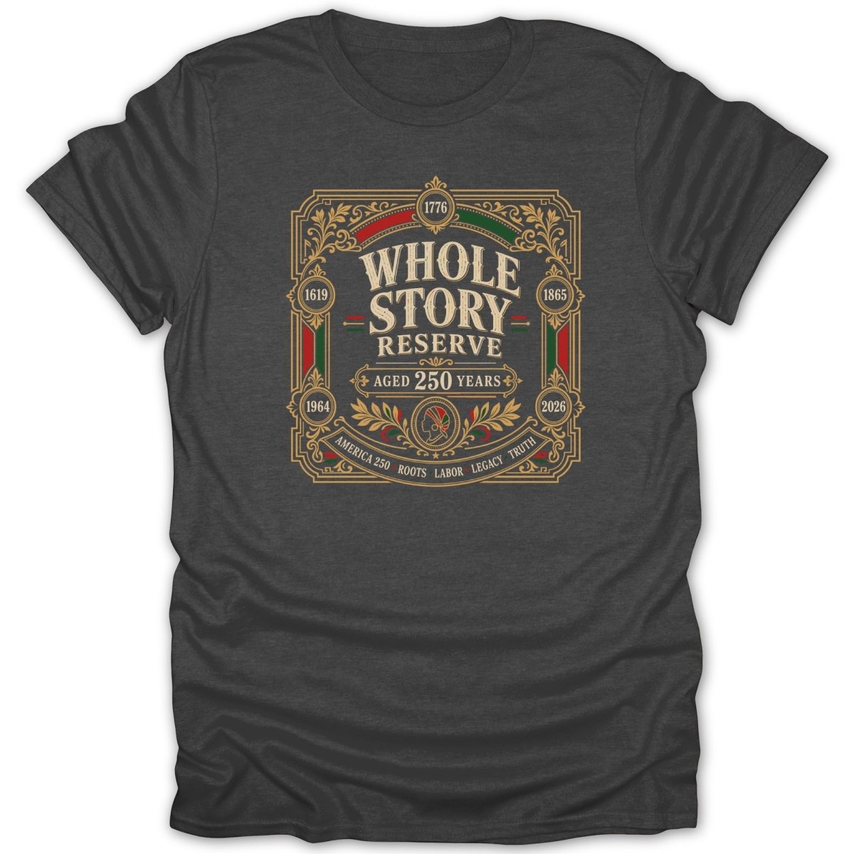 Whole Story Reserve t-shirt with years 1619, 1776, 1865, 1964, 2026.