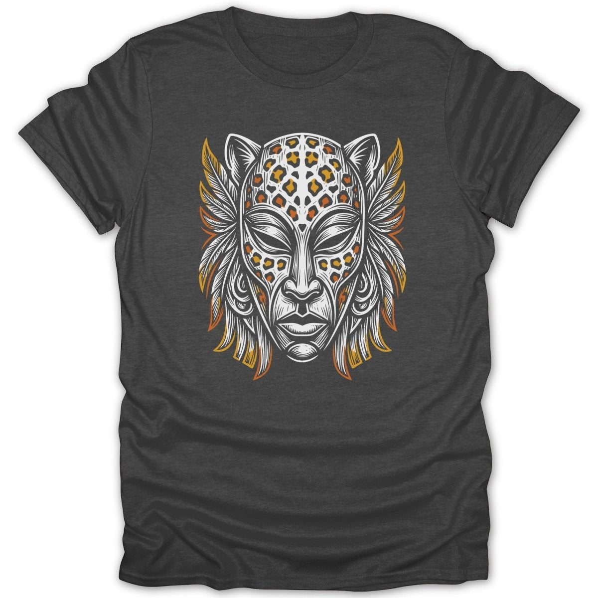 Tribal mask with leopard print and feather accents on a dark t-shirt.