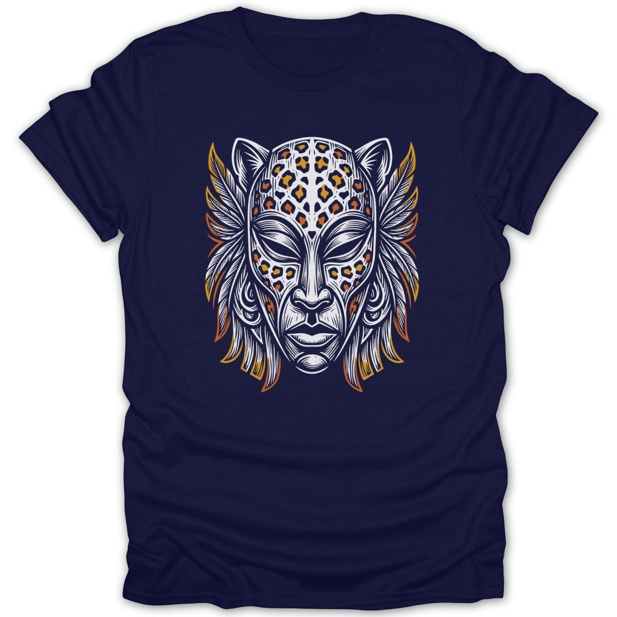 Navy t-shirt with a stylized leopard mask design featuring feathered wings.