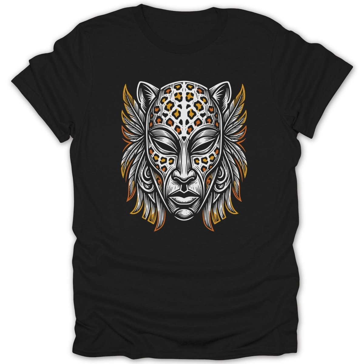 Black t-shirt with a stylized jaguar face mask graphic featuring feathered accents.