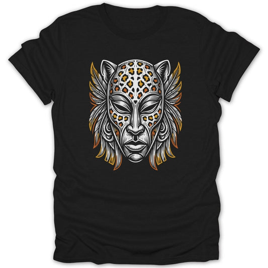 Black t-shirt with a stylized jaguar face mask graphic featuring feathered accents.