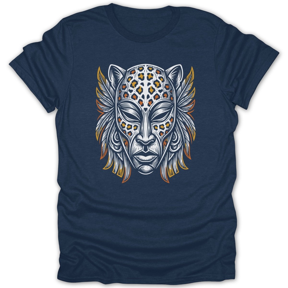 Dark blue t-shirt with a stylized leopard face mask design.