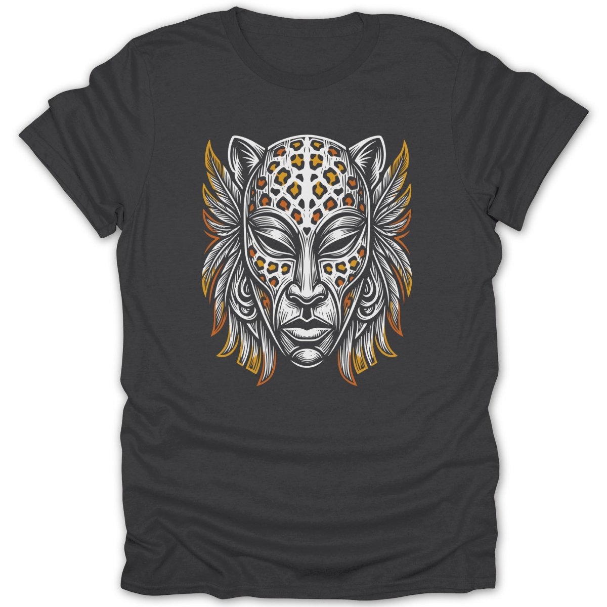 Tribal mask with leopard spots and feathered wings on a dark t-shirt.