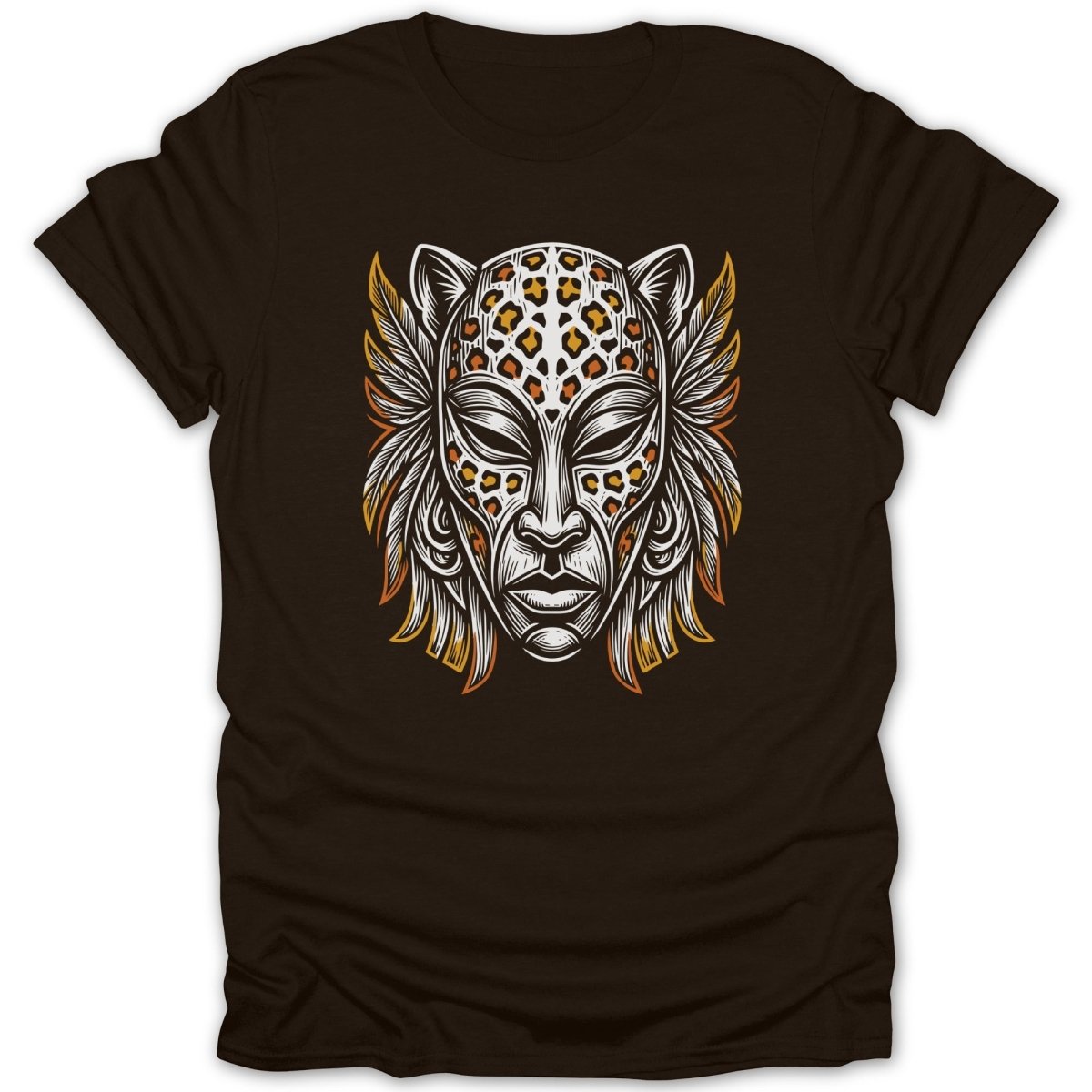 Brown t-shirt with a stylized leopard mask graphic featuring wings and intricate face details.