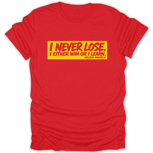 Red t-shirt with yellow rectangle featuring Nelson Mandela quote.
