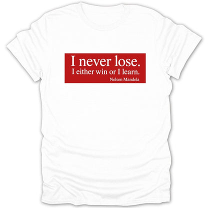 White t-shirt with red rectangle featuring Nelson Mandela quote.