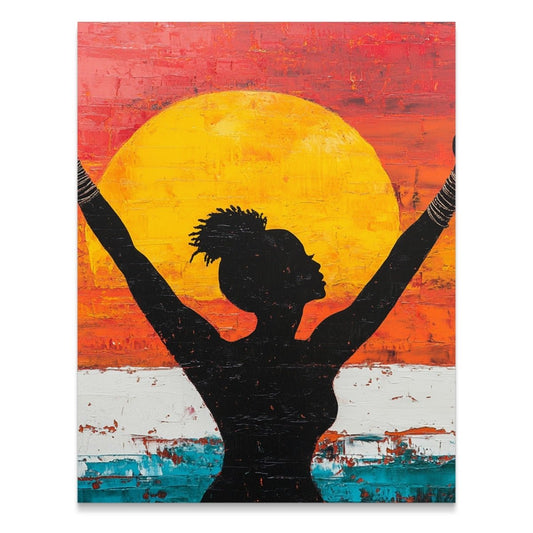 Woman Silhouette Under Yellow Sun Abstract Painting Poster - Zion Threadz