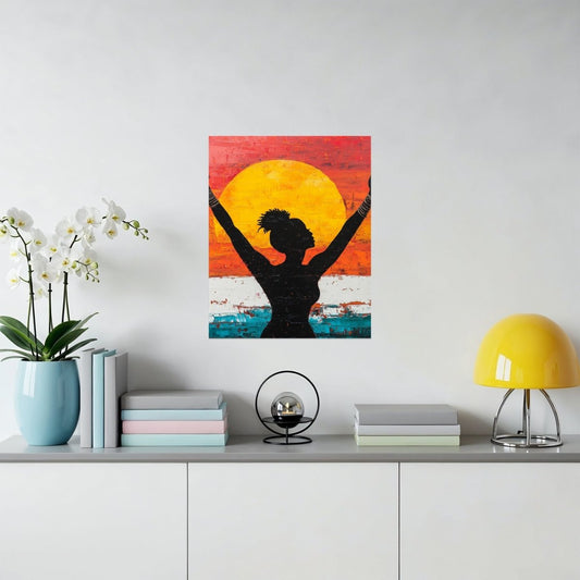 Woman Silhouette Under Yellow Sun Abstract Painting Poster - Zion Threadz