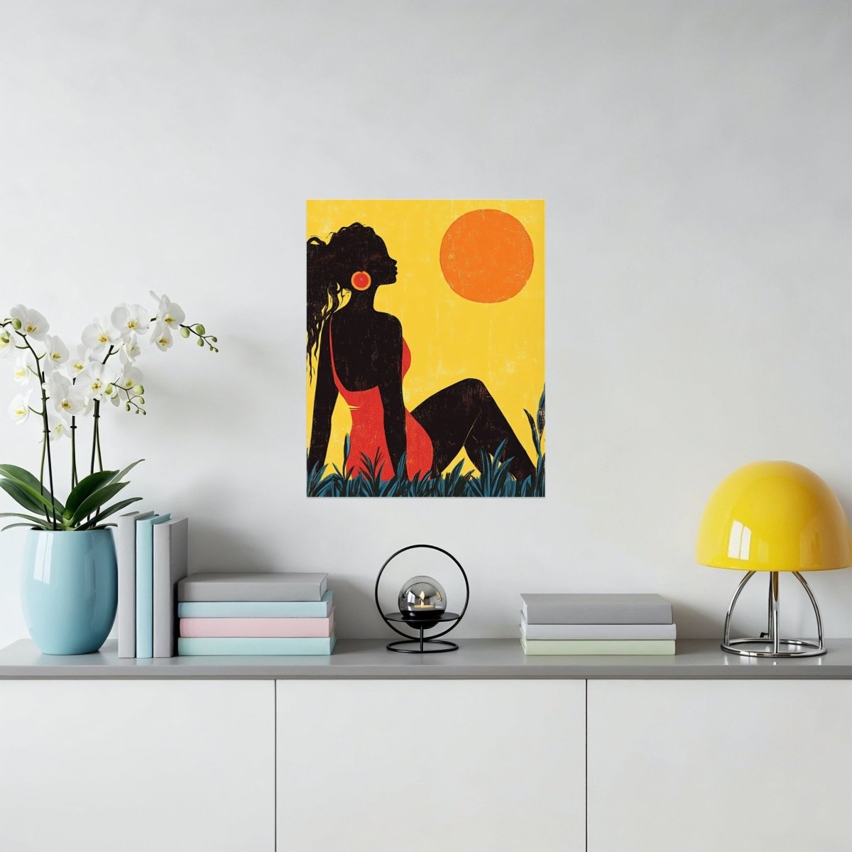 Woman Silhouette with Orange Sun and Plants Graphic Poster - Zion Threadz