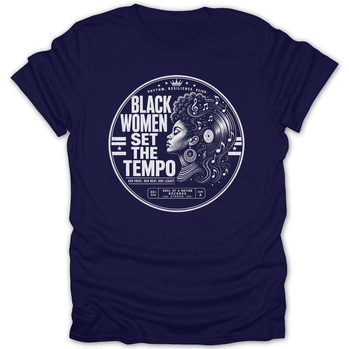Navy t-shirt with graphic: "Black Women Set The Tempo" with a woman and record.
