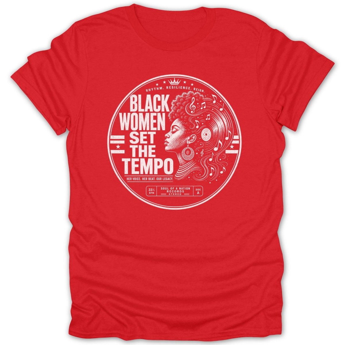 Red t-shirt with "Black Women Set The Tempo" vinyl record graphic.