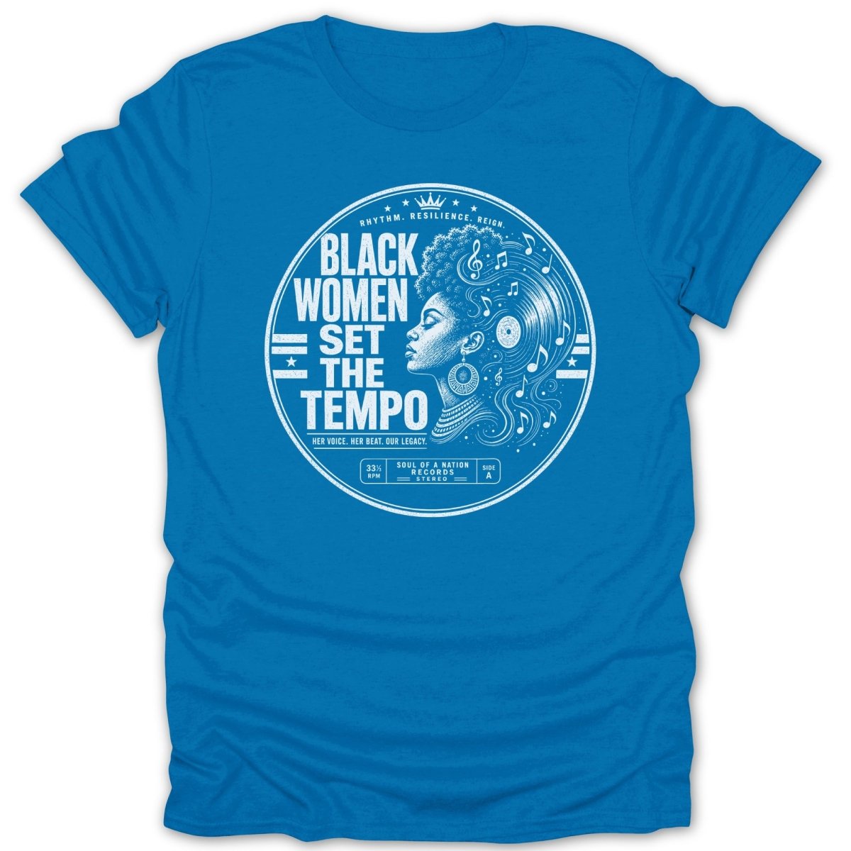 Black Women Set The Tempo graphic on a blue t-shirt with music notes.