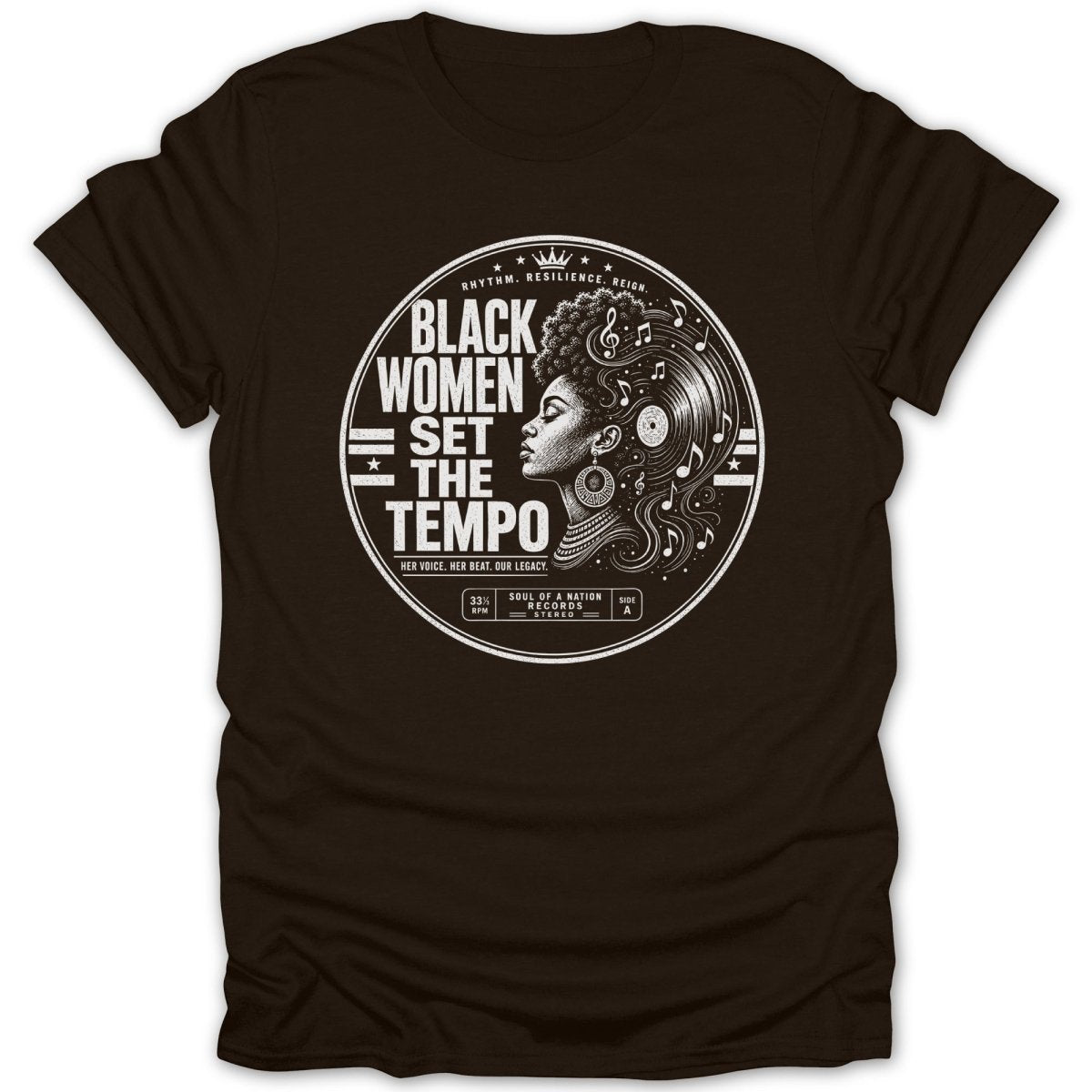 Black women set the tempo graphic on a brown t-shirt, featuring music notes and vinyl.