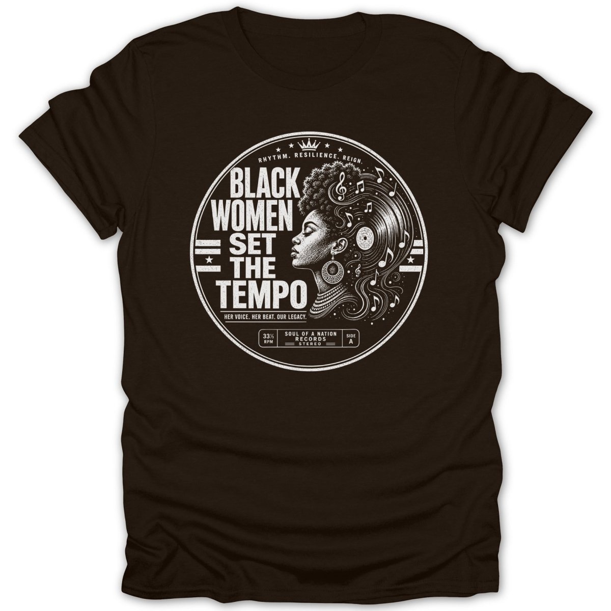Black women set the tempo graphic on a brown t-shirt, featuring music notes and vinyl.