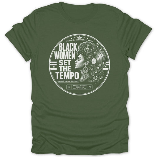 Black women set the tempo graphic on a green t-shirt with music notes and vinyl.