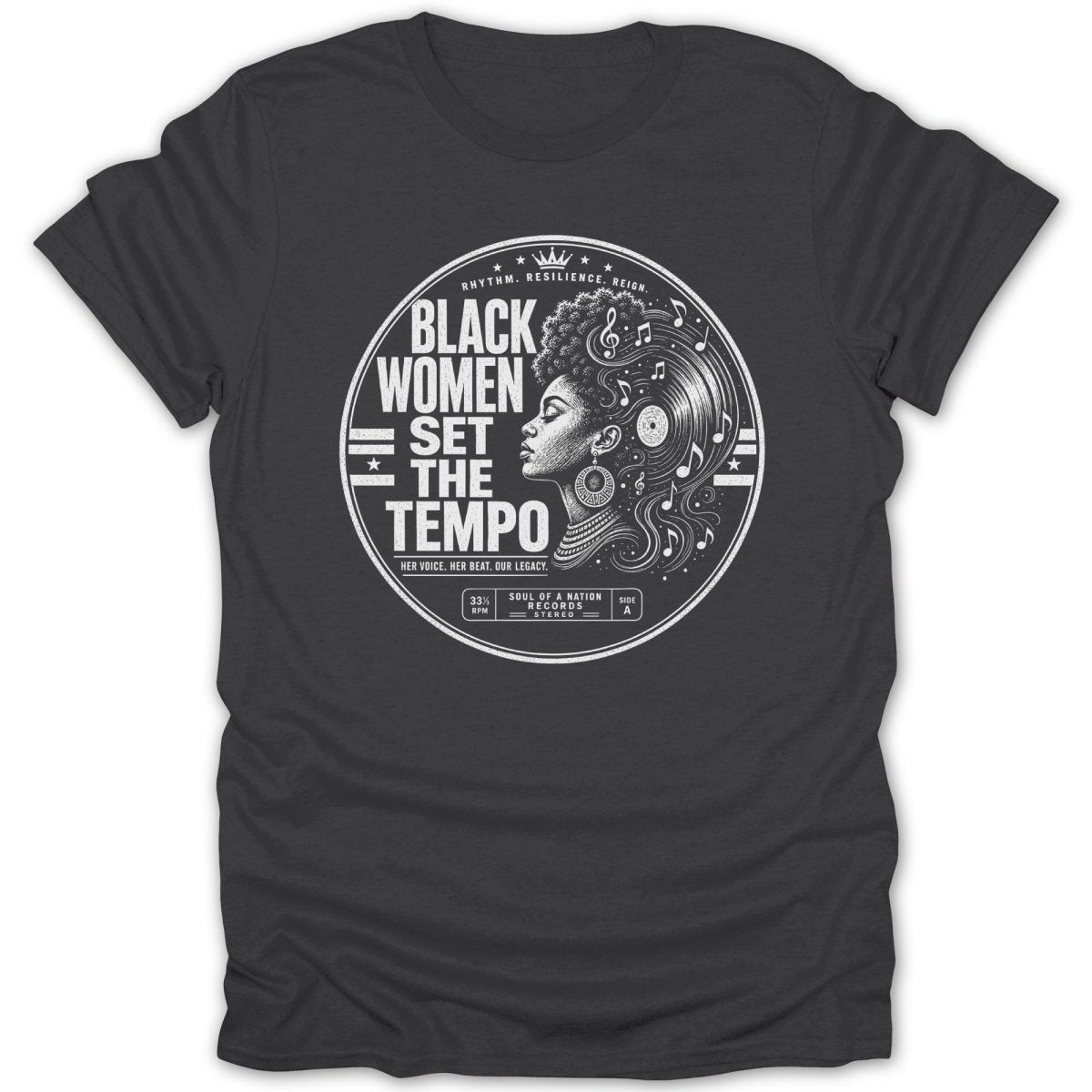Black Women Set The Tempo graphic with vintage record and musical notes.
