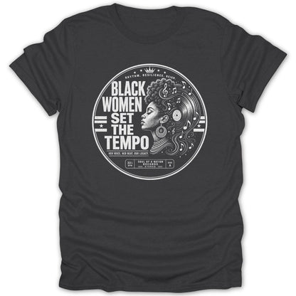 Black Women Set The Tempo graphic with vintage record and musical notes.