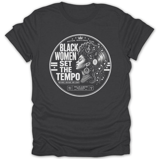 Black Women Set The Tempo graphic with vintage record and musical notes.