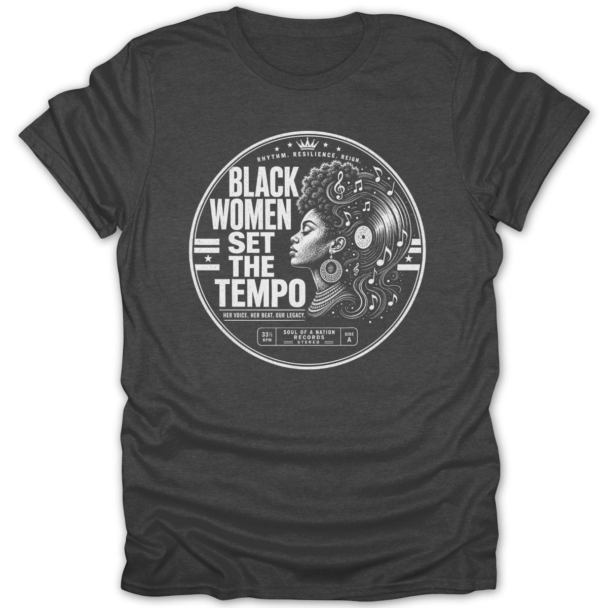Black women set the tempo graphic with record and music notes.