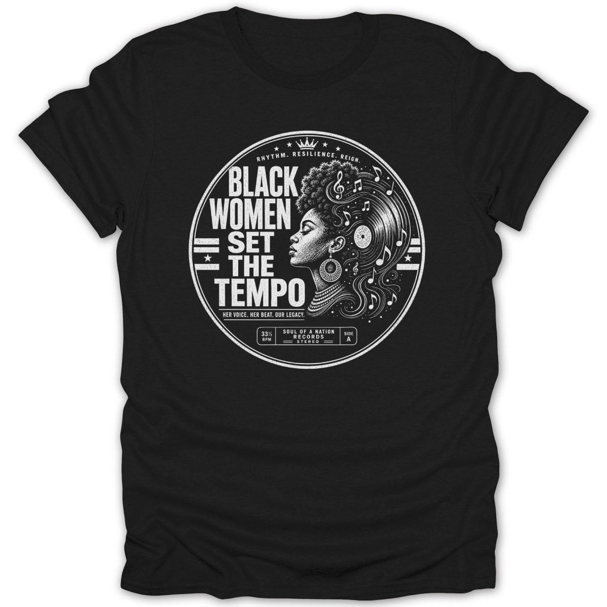 Black women set the tempo graphic on a black t-shirt.