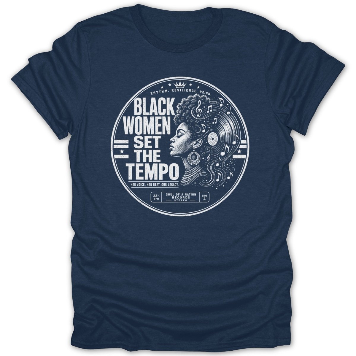 Black women set the tempo with vinyl record and music notes graphic.
